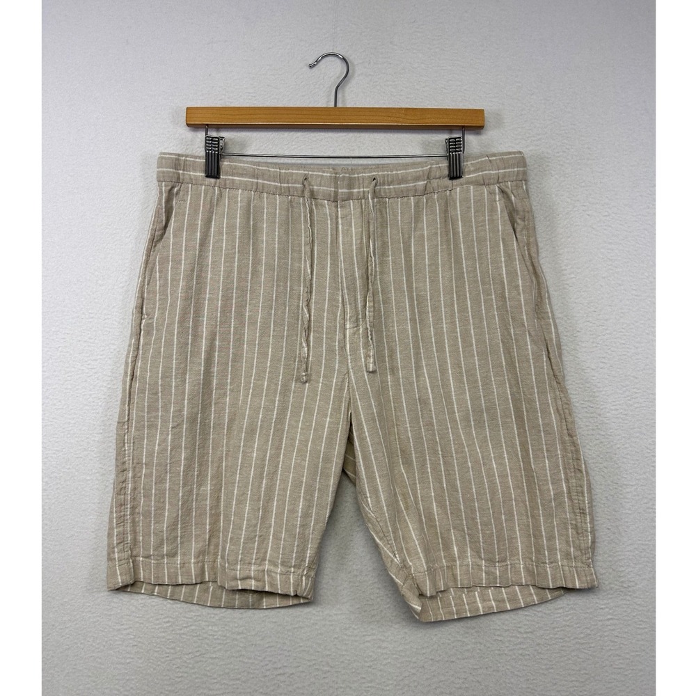 Coastal H&M Mens Medium Beige White Striped Linen Blend Regular Fit Shorts